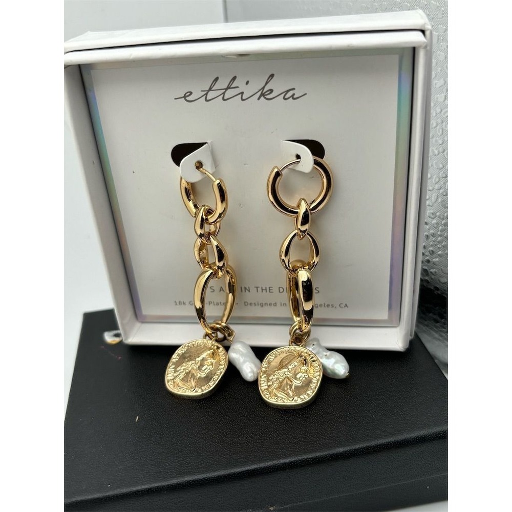 Ettika Gold Plated Dangle Earrings with Coin & Pearl Accents‎